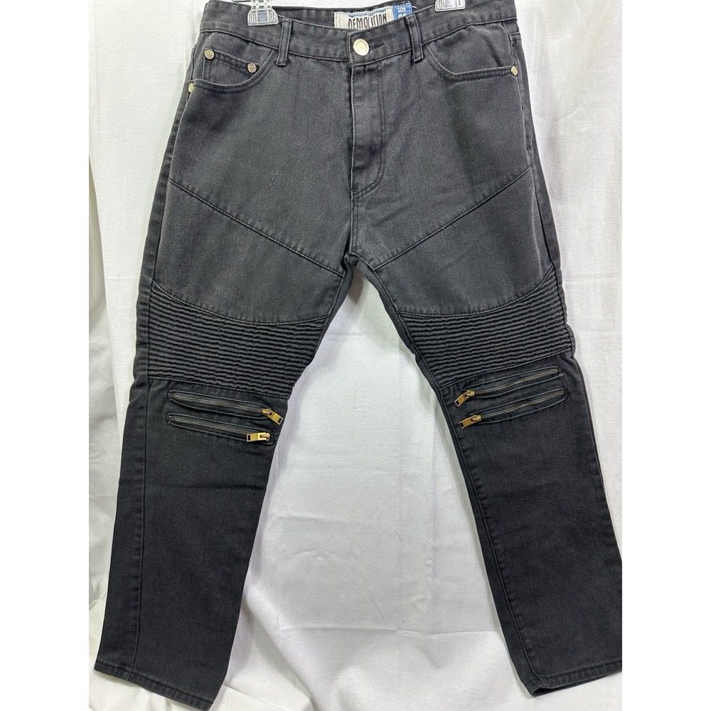 Demolition Jeans Men Moto Biker Zipper Premium Production Denim Black size 36x32